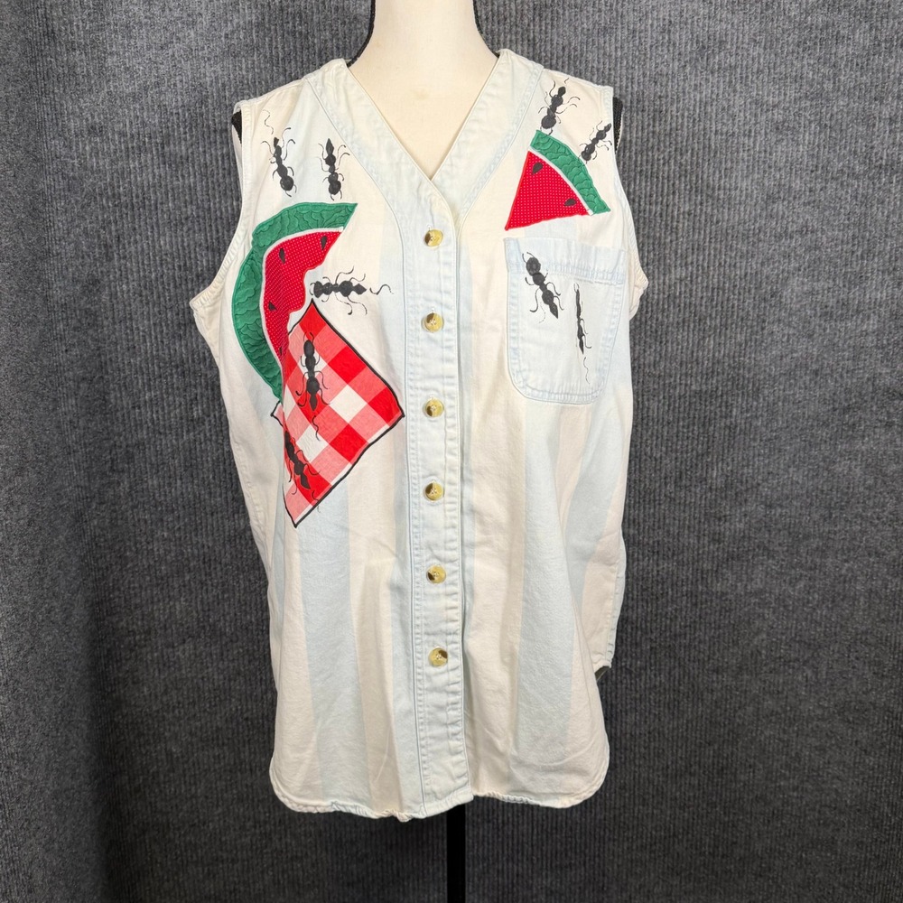 VTG 90s Watermelon Ant Vest Applique Painted Folk Art Cottagecore Retro Sz L